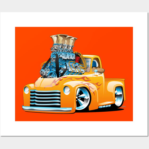 American Classic Hot Rod Pickup Truck Cartoon Wall Art by hobrath